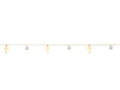 Cadena Tobillera Con Cruz De 8 MM Y Borlas De Oxido De Circonio De 3 Mm, 25-28 Cm, Oro Amarillo De 18 Quilates