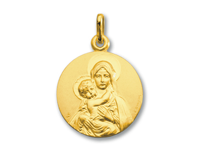 Medalla De La Virgen Con El Niño, Anverso, Oro Amarillo De 18 Quilates
