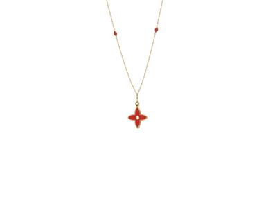 Collar Con Motivo Floral De 4 P{talos Y Bolas De Esmalte Rojo, 42+3 cm, Oro Amarillo De 18 K - Imagen Estandar - 1