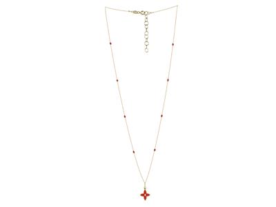 Collar Con Motivo Floral De 4 P{talos Y Bolas De Esmalte Rojo, 42+3 cm, Oro Amarillo De 18 K - Imagen Estandar - 2