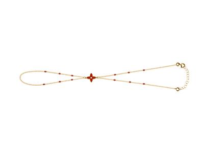 Pulsera Motivo Floral 4 Ptalos Esmalte Rojo En Cadena, 173cm, Oro Amarillo De 18k
