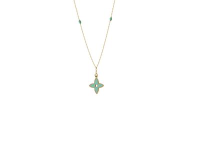 Collar Con Motivo Floral De 4 P{talos Y Bolas De Vidriado Turquesa, Con Cadena De 42+3 Cm, En Oro Amarill - Imagen Estandar - 1
