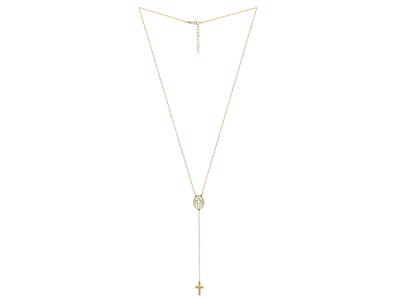 Collar Rosario Con Diseño De Nácar Ovalado Y Cruz Calada, Bolas Blancas, Caída 8 cm, 45+2 cm, Oro Amarillo 18 Kt - Imagen Estandar - 2