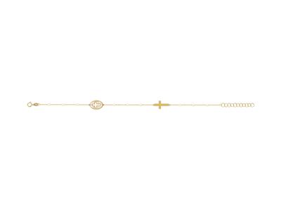 Pulsera Religiosa, Motivo Ovalado Con Una Cruz Calada En El Centro, Bolas De Esmalte Blanco En Cadena, 17lo 18 Kt