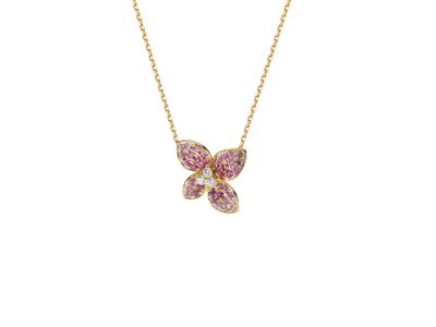 Collar Flor 15 X 20 Mm, Diamantes 0,09 Ct, Rubes 0,21 Ct Y Zafiros Rosas 0,33 Ct, 40-42-45 Cm, Oro Amarillo 18 Kt