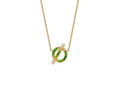 Collar Motivo Crculo Y Barra 9 X 13 Mm, Diamantes 0,04 Ct, Granates Verdes 0,15 Ct, Zafiros Verdes 0,07
