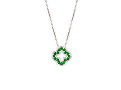 Collar Motivo Trbol Calado 15 Mm, Diamantes 0,21 Ct Y Esmeraldas 0,50ct, 40-42,5-45 Cm, Oro Blanco 18 K