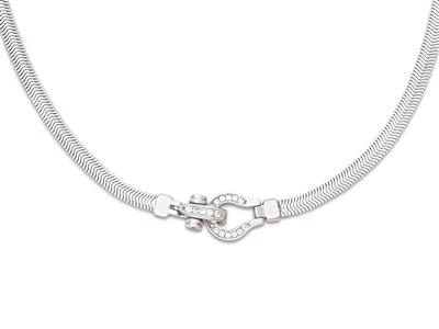 Collar De Malla De Serpiente Plana 4,5mm, Cierre Ovalado Con Zircones, 44cm, Plata 925 Rodiada