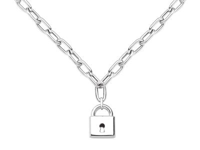 Collar Rectangulo Hueco, Colgante Candado, 50 Cm, Plata 925 Rh - Imagen Estandar - 1