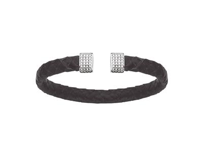 Pulsera Collar De Cuero Gris Con Oxido De Circonio 7 Mm, 58 X 48 Mm, Plata 925 Rh