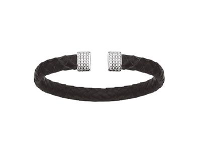 Pulsera Collar De Cuero Negro Con Oxido De Circonio 7 Mm, 58 X 48 Mm, Plata 925 Rh