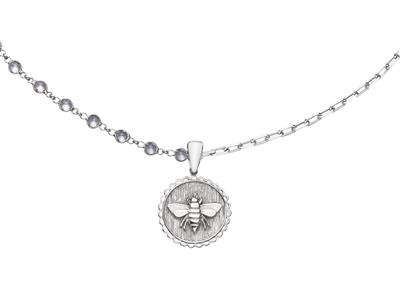 Collar Doble Cadena Cristal Y Rectangulo, Medalla Abeillen 18 Mm, 46 Cm, Plata 925 Rh