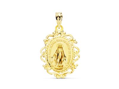 Medalla Hueca De La Virgen Mara Con Bordes Festoneados 16 X 23 Mm, Oro Amarillo 18k
