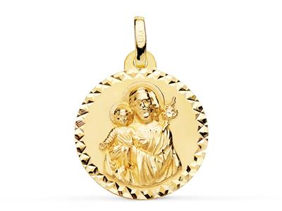 Medalla Redonda De San José, Hueca, Canto Grabado 18 Mm, Oro Amarillo 18k