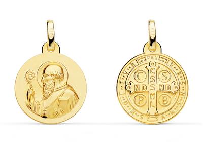 Medalla Escapulario San Benito, Hueco 16 Mm, Doble Cara, Oro Amarillo 18k