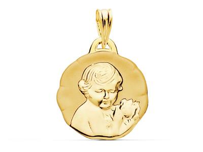 Medalla De Angel Rosa Satinada Hueca 17 Mm, Oro Amarillo 18k