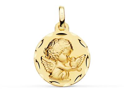 Medalla De Angel Con Pajaro, Hueco 16 Mm, Bordes Grabados, Oro Amarillo 18k