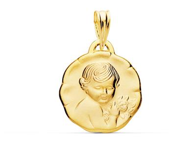 Medalla Hueca, Ligera, Arenada De Angel Rosa 15 Mm, Oro Amarillo 18k