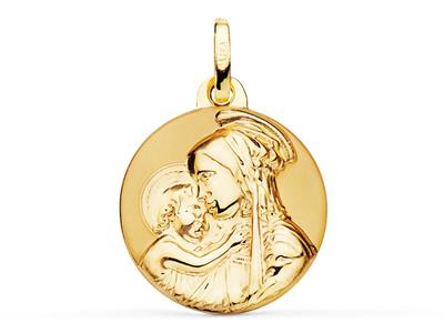 Medalla De La Virgen Con El Niño, Hueca 18 Mm, Oro Amarillo 18k