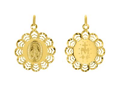 Medalla Virgen Milagrosa, Borde Calado Y Fondo Arenado, 24 Mm, Oro Amarillo 18k