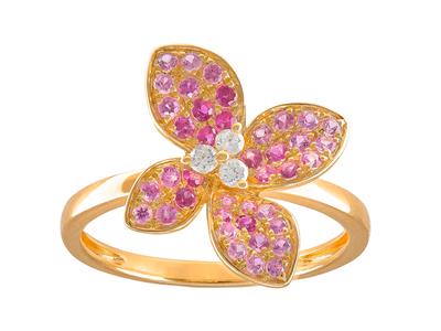 Bge Fleur Diamants 0,09ct Et Saphirs Roses 0,50ct Or Jaune 18k Doigt 50