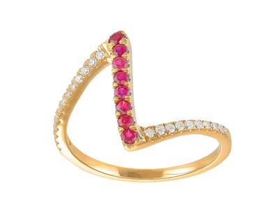 Anillo En Forma De Z, Diamantes De 0,14 Ct Y Rubes De 0,25 Ct, Oro Amarillo De 18 K, Dedo 56