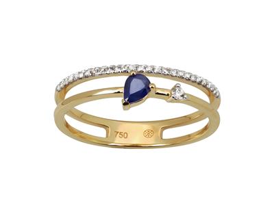 Anillo De Doble Hilera, Diamantes De 0,10 Ct Y Zafiro En Forma De Perade 0,19 Ct, Oro Amarillo De 18 K,