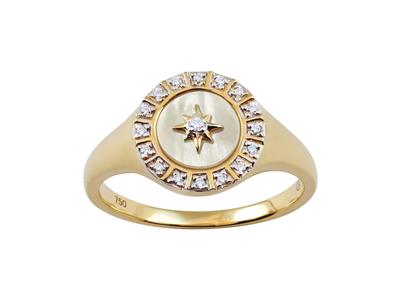 Anillo De Sello De 10,50mm, Nácar Con Motivo De La Estrella Polar, Entorno De Diamantes De 0,07 Ct, Oro Amarillo 18 Kt, Dedo 56
