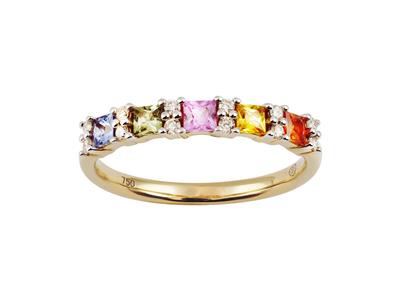 Alianza Arco Iris, 2,50 Mm, Diamantes 0,13 Ct Y Zafiros 0,65 Ct Azules, Verdes, Rosas, Amarillos Y Naranjas, Oro Amarillo 18 Kt, Dedo 56