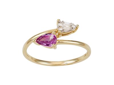 Anillo, Diamantes Talla Redonda Y Baguette 0,06ct, Zafiro Rosa 0,39ct, Oro Amarillo 18k, Dedo 56