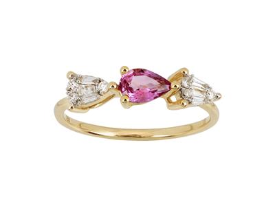 Anillo Triloga Pera, Diamantes Redondos Y Baguette 0,13ct, Zafiro Rosa 0,52ct, Oro Amarillo 18k, Dedo 56