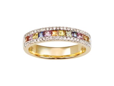 Alianza Raibow De 4 Mm, Diamantes 0,18ct Y Zafiros Princesa Verdes, Naranjas, Rosas, Azules Y Amarillos 0,83ct, Oro Amarillo 18 Kt, Dedo 52