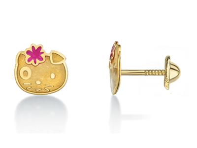 Pendientes Hello Kitty, Esmalte Amarillo, Oro Amarillo 18k