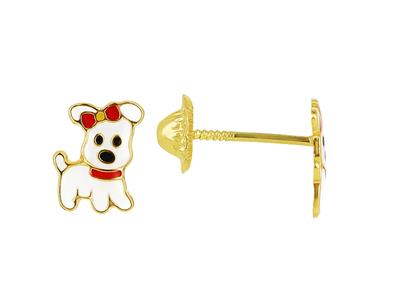 Pendientes Niño Puppy Esmalte Blanco Y Rojo, Oro Amarillo 18k