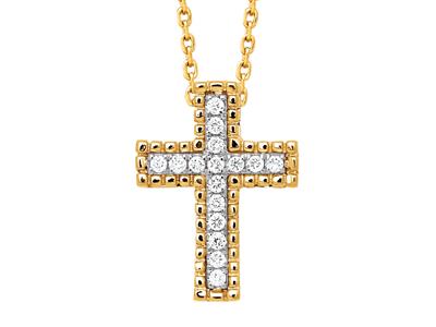 Colgante Cruzado, Cadena De Paso Con Hilo De Perlas Exterior, Diamantes De 0,08 Quilates, Oro Amarillo De