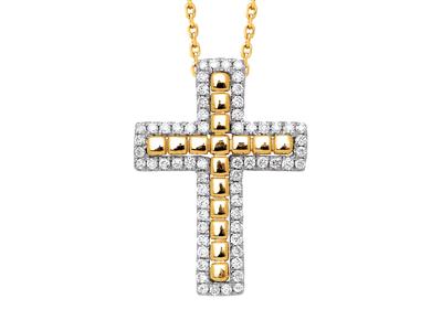 Colgante De Cruz De Diamantes De 0,22 Ct, Cadena De Paso Con Hilo De Perlas Exterior, Oro Amarillo De 18
