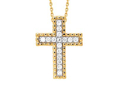 Colgante Cruz Con Cadena Exterior De Perlas, Diamantes 0,23ct, Oro Amarillo 18k