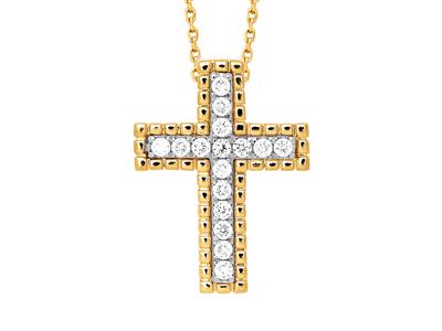 Colgante De Cruz Con Hilo De Perlasexterior Y Cadena Pasante, Diamant Es De 0,23 Ct, Oro Amarillo De 18 K