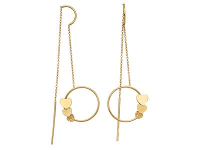 Pendientes Crculo Y 3 Corazones En Cadena, 5 Cm, Oro Amarillo 18k