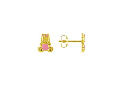 Pendientes Osito Esmalte Rosa, 7 Mm, Oro Amarillo 18k