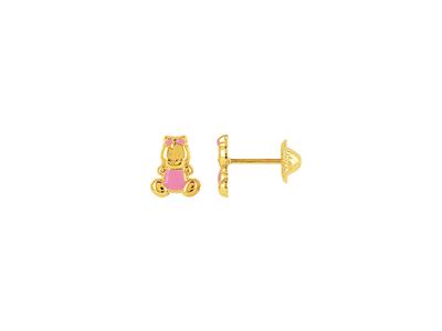 Pendientes Oso 7 MM Esmalte Rosa, Oro Amarillo 18k