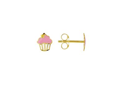Pendientes Cupcake Esmalte Rosa Y Blanco, 6 Mm, Oro Amarillo 18k