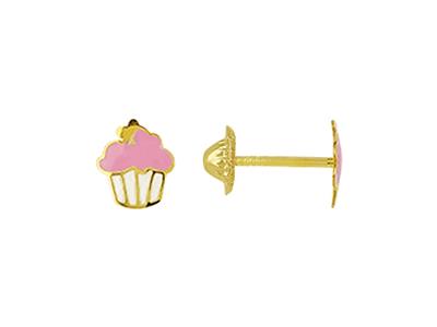 Pendientes Cupcake Esmalte Rosa Y Blanco, 6 Mm, Oro Amarillo 18k - Imagen Estandar - 1