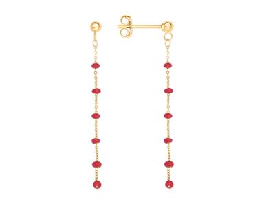 Pendientes, Bolas Rojas En Cadena 40 Mm, Oro Amarillo 18k