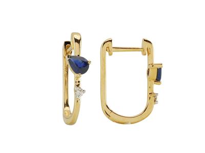 Pendientes De Aro Ovalados, Altura 15 Mm, Diamante 0,03 Ct Y Zafiro Talla Pera 0,38 Ct, Oro Amarillo 18 Kt