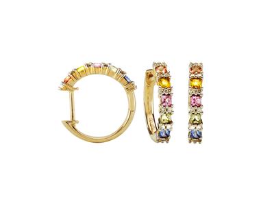 Pendientes De Aro Arco Iris, Diametro Interior 12 Mm, Diamantes 0,15 Ct Y Zafiros Azul, Verde, Rosa, Amarillo Y Naranja 0,75 Ct, Oro Amarillo 18 Kt