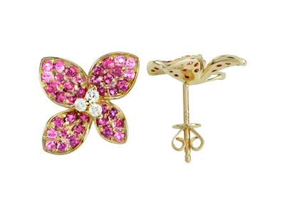 Pendientes Flor, Altura 15 Mm, Diamantes 0,13ct Y Zafiros Rosas 0,55ct, Oro Amarillo 18 Kt