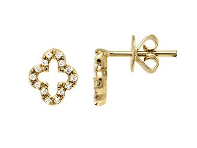 Pendientes Trbol Calado 7 X 8 Mm, Diamantes 0,08 Ct, Oro Amarillo 18 Kt