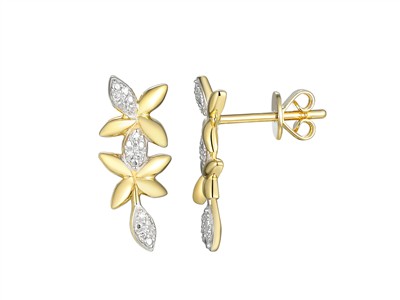 Pendientes Flores Colgantes 16 X 6 Mm, Diamantes 0,03 Ct, Oro Amarillo18 Kt
