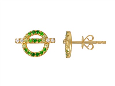 Pendientes Crculos Y Barras 9 X 13mm, Diamantes 0,08 Ct, Granates Ve Rdes 0,26 Ct, Zafiros Verdes 0,12 C